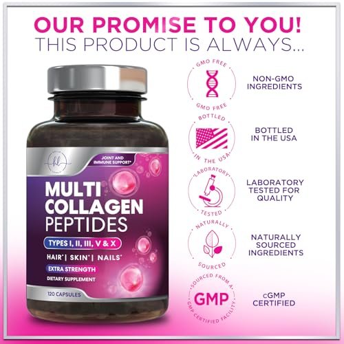 Multi Collagen Peptide Komplex – Fortschrittliche hydrolysierte Kollagen-Kapseln mit Typ I, II, III, V & X – Haar, Haut, Nägel & Gelenke – Für Frauen & Männer – Hergestellt in den USA – 120 Kapseln