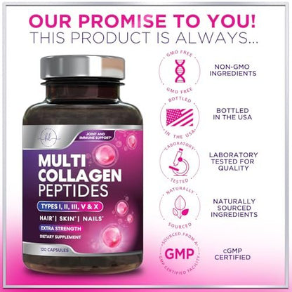 Multi Collagen Peptide Komplex – Fortschrittliche hydrolysierte Kollagen-Kapseln mit Typ I, II, III, V & X – Haar, Haut, Nägel & Gelenke – Für Frauen & Männer – Hergestellt in den USA – 120 Kapseln