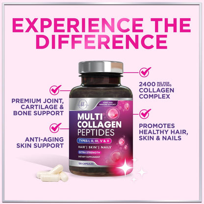 Multi Collagen Peptide Komplex – Fortschrittliche hydrolysierte Kollagen-Kapseln mit Typ I, II, III, V & X – Haar, Haut, Nägel & Gelenke – Für Frauen & Männer – Hergestellt in den USA – 120 Kapseln