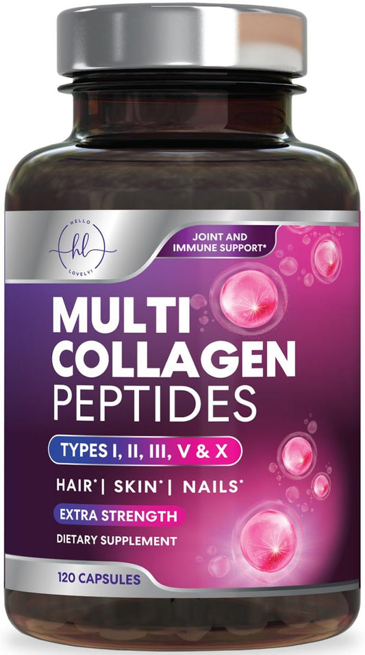 Multi Collagen Peptide Komplex – Fortschrittliche hydrolysierte Kollagen-Kapseln mit Typ I, II, III, V & X – Haar, Haut, Nägel & Gelenke – Für Frauen & Männer – Hergestellt in den USA – 120 Kapseln