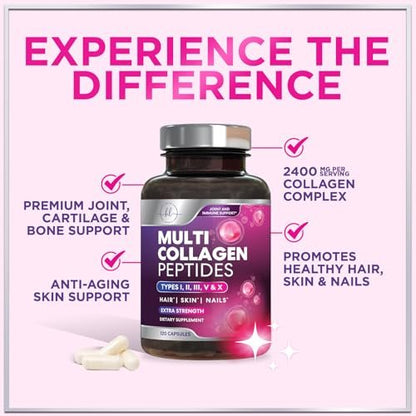 Multi Collagen Peptide Komplex – Fortschrittliche hydrolysierte Kollagen-Kapseln mit Typ I, II, III, V & X – Haar, Haut, Nägel & Gelenke – Für Frauen & Männer – Hergestellt in den USA – 120 Kapseln