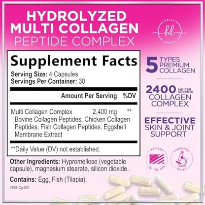 Multi Collagen Peptide Komplex – Fortschrittliche hydrolysierte Kollagen-Kapseln mit Typ I, II, III, V & X – Haar, Haut, Nägel & Gelenke – Für Frauen & Männer – Hergestellt in den USA – 120 Kapseln