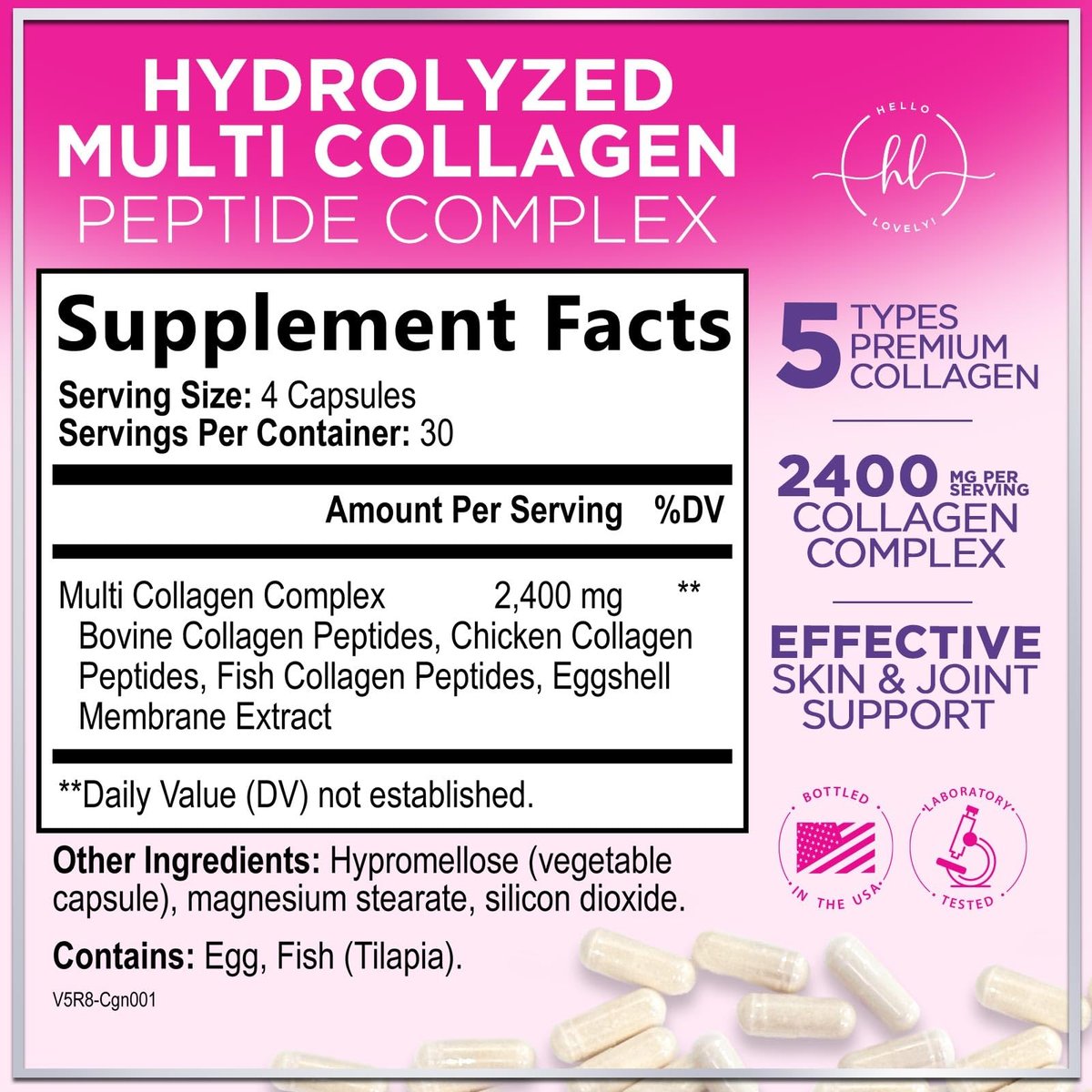 Multi Collagen Peptide Komplex – Fortschrittliche hydrolysierte Kollagen-Kapseln mit Typ I, II, III, V & X – Haar, Haut, Nägel & Gelenke – Für Frauen & Männer – Hergestellt in den USA – 120 Kapseln