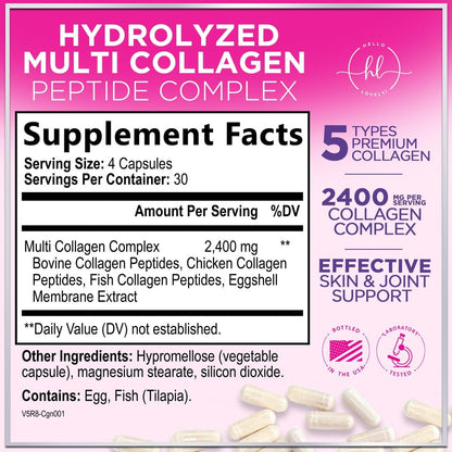 Multi Collagen Peptide Komplex – Fortschrittliche hydrolysierte Kollagen-Kapseln mit Typ I, II, III, V & X – Haar, Haut, Nägel & Gelenke – Für Frauen & Männer – Hergestellt in den USA – 120 Kapseln