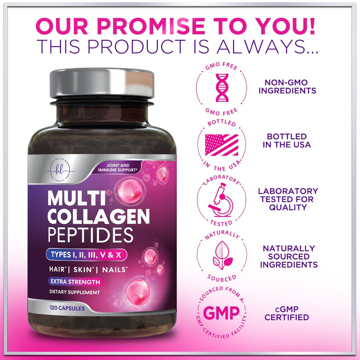 Multi Collagen Peptide Komplex – Fortschrittliche hydrolysierte Kollagen-Kapseln mit Typ I, II, III, V & X – Haar, Haut, Nägel & Gelenke – Für Frauen & Männer – Hergestellt in den USA – 120 Kapseln