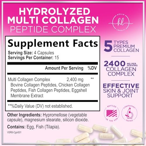 Multi Collagen Peptide Komplex – Fortschrittliche Hydrolysierte Kollagenkapseln mit Typ I, II, III, V & X – Unterstützung für Haut, Haare, Nägel & Gelenke für Frauen & Männer – Hergestellt in den USA – 60 Kapseln
