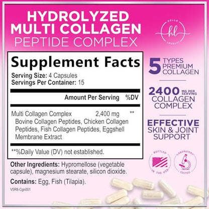 Multi Collagen Peptide Komplex – Fortschrittliche Hydrolysierte Kollagenkapseln mit Typ I, II, III, V & X – Unterstützung für Haut, Haare, Nägel & Gelenke für Frauen & Männer – Hergestellt in den USA – 60 Kapseln