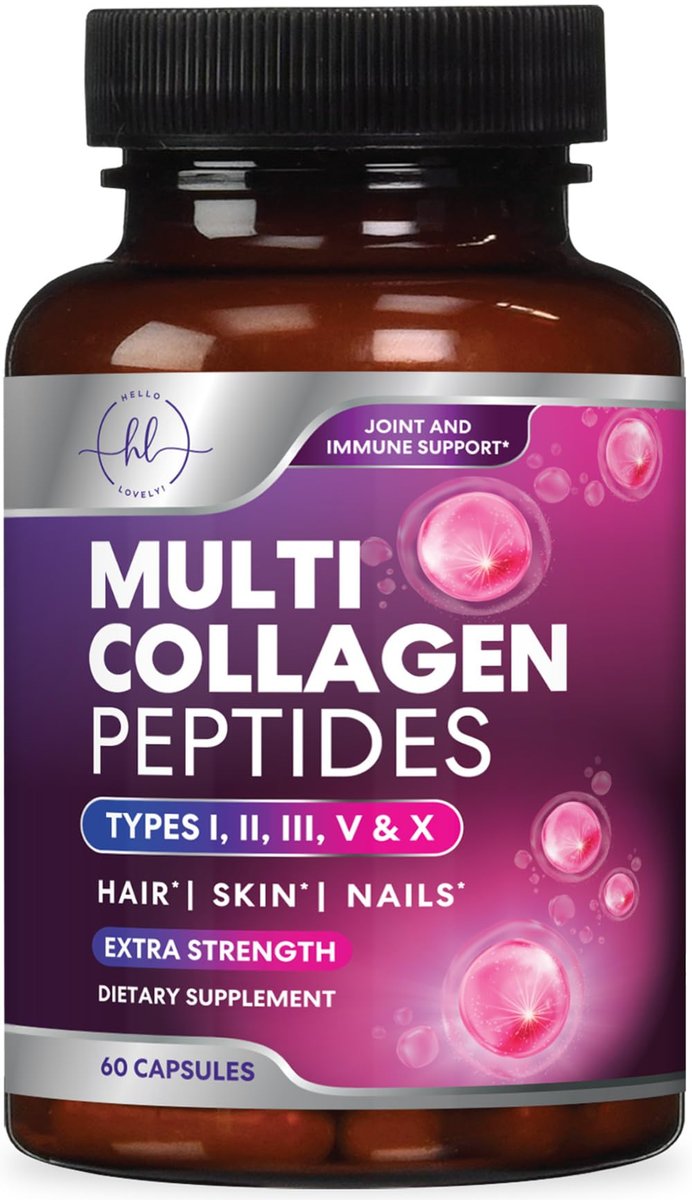 Multi Collagen Peptide Komplex – Fortschrittliche Hydrolysierte Kollagenkapseln mit Typ I, II, III, V & X – Unterstützung für Haut, Haare, Nägel & Gelenke für Frauen & Männer – Hergestellt in den USA – 60 Kapseln