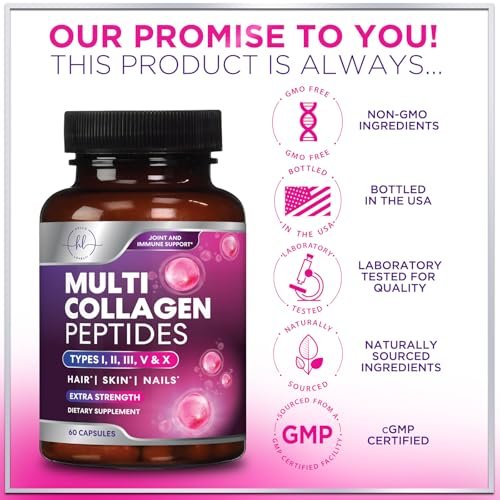 Multi Collagen Peptide Komplex – Fortschrittliche Hydrolysierte Kollagenkapseln mit Typ I, II, III, V & X – Unterstützung für Haut, Haare, Nägel & Gelenke für Frauen & Männer – Hergestellt in den USA – 60 Kapseln