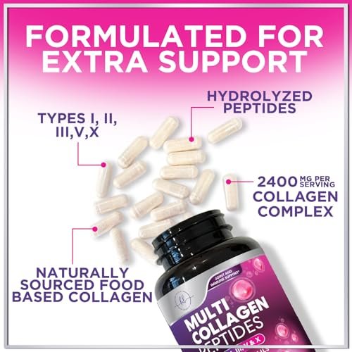 Multi Collagen Peptide Komplex – Fortschrittliche Hydrolysierte Kollagenkapseln mit Typ I, II, III, V & X – Unterstützung für Haut, Haare, Nägel & Gelenke für Frauen & Männer – Hergestellt in den USA – 60 Kapseln