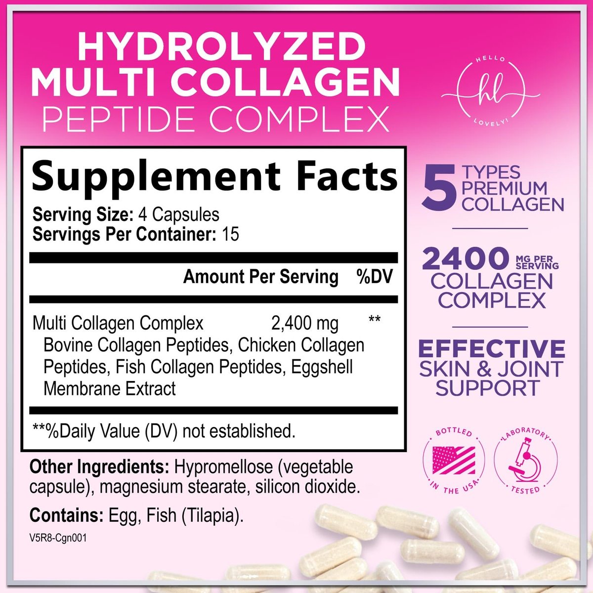 Multi Collagen Peptide Komplex – Fortschrittliche Hydrolysierte Kollagenkapseln mit Typ I, II, III, V & X – Unterstützung für Haut, Haare, Nägel & Gelenke für Frauen & Männer – Hergestellt in den USA – 60 Kapseln