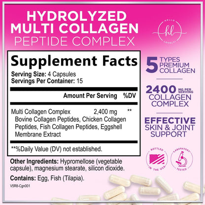 Multi Collagen Peptide Komplex – Fortschrittliche Hydrolysierte Kollagenkapseln mit Typ I, II, III, V & X – Unterstützung für Haut, Haare, Nägel & Gelenke für Frauen & Männer – Hergestellt in den USA – 60 Kapseln
