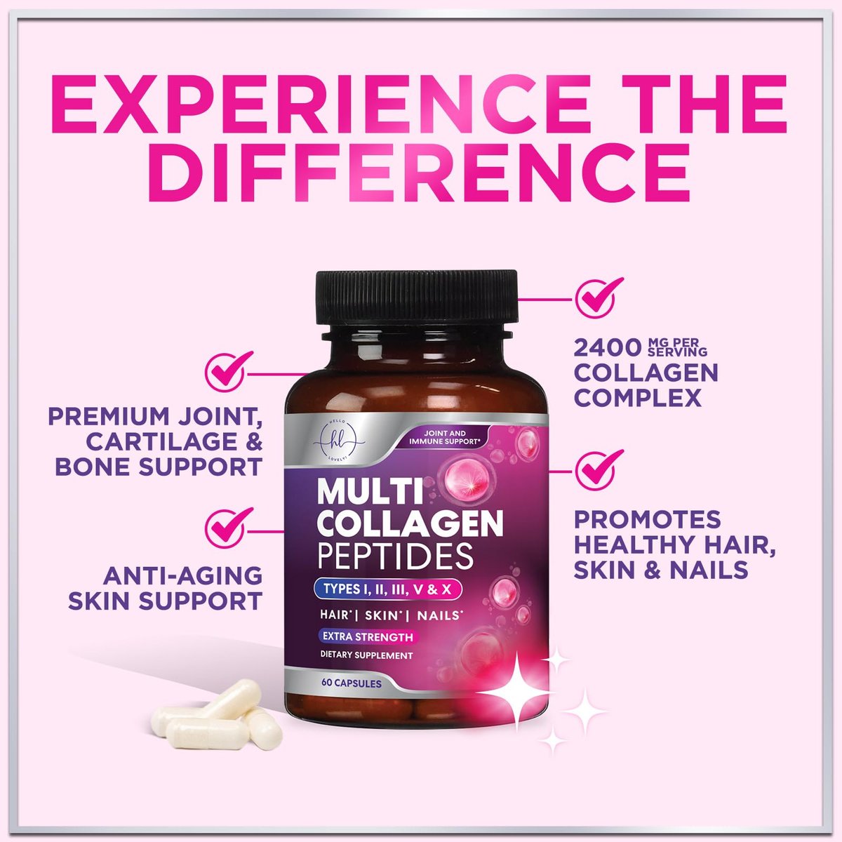 Multi Collagen Peptide Komplex – Fortschrittliche Hydrolysierte Kollagenkapseln mit Typ I, II, III, V & X – Unterstützung für Haut, Haare, Nägel & Gelenke für Frauen & Männer – Hergestellt in den USA – 60 Kapseln