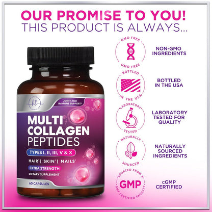 Multi Collagen Peptide Komplex – Fortschrittliche Hydrolysierte Kollagenkapseln mit Typ I, II, III, V & X – Unterstützung für Haut, Haare, Nägel & Gelenke für Frauen & Männer – Hergestellt in den USA – 60 Kapseln