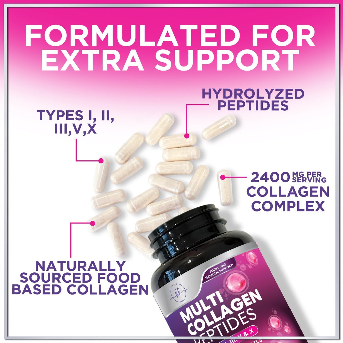 Multi Collagen Peptide Komplex – Fortschrittliche Hydrolysierte Kollagenkapseln mit Typ I, II, III, V & X – Unterstützung für Haut, Haare, Nägel & Gelenke für Frauen & Männer – Hergestellt in den USA – 60 Kapseln