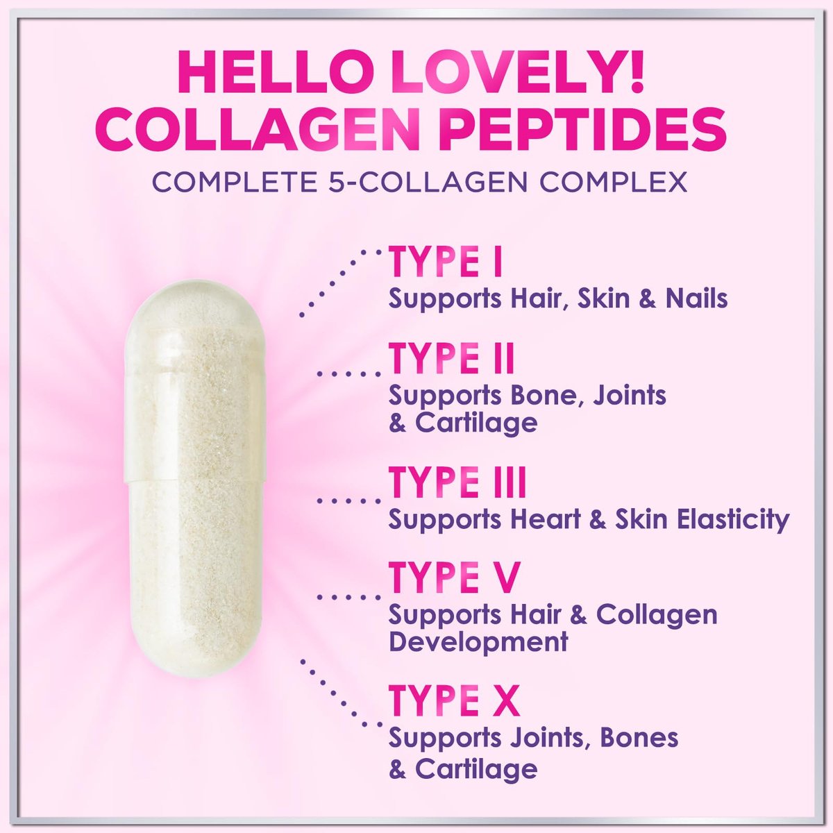 Multi Collagen Peptide Komplex – Fortschrittliche Hydrolysierte Kollagenkapseln mit Typ I, II, III, V & X – Unterstützung für Haut, Haare, Nägel & Gelenke für Frauen & Männer – Hergestellt in den USA – 60 Kapseln