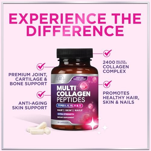 Multi Collagen Peptide Komplex – Fortschrittliche Hydrolysierte Kollagenkapseln mit Typ I, II, III, V & X – Unterstützung für Haut, Haare, Nägel & Gelenke für Frauen & Männer – Hergestellt in den USA – 60 Kapseln