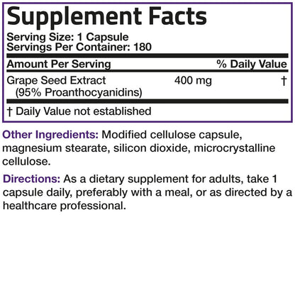 Bronson Traubenkernextrakt 400 mg - Antioxidantien & Immununterstützung - Standardisierter Extrakt mit 95 % Proanthocyanidinen - Nicht-GVO, 180 vegane Kapseln