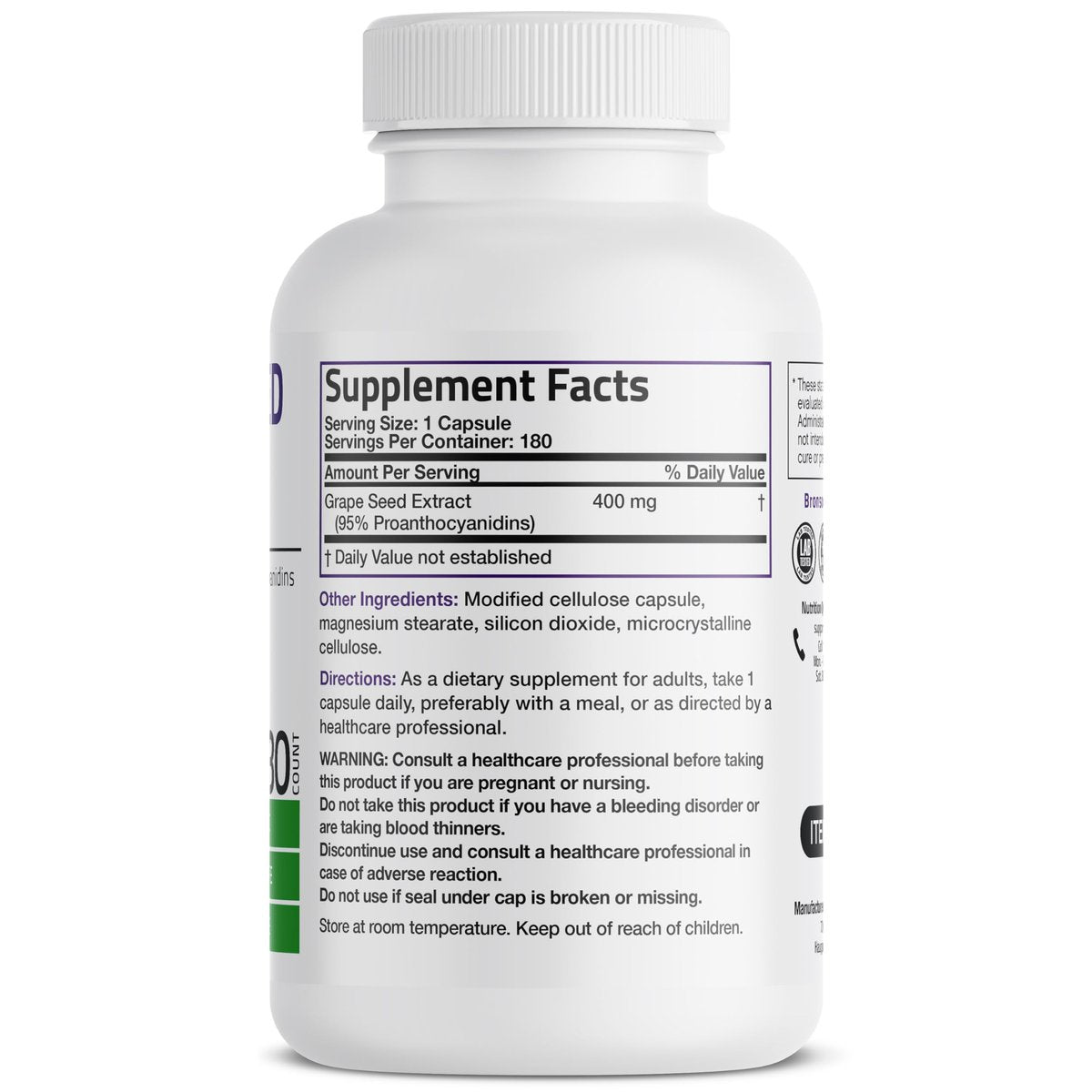 Bronson Traubenkernextrakt 400 mg - Antioxidantien & Immununterstützung - Standardisierter Extrakt mit 95 % Proanthocyanidinen - Nicht-GVO, 180 vegane Kapseln