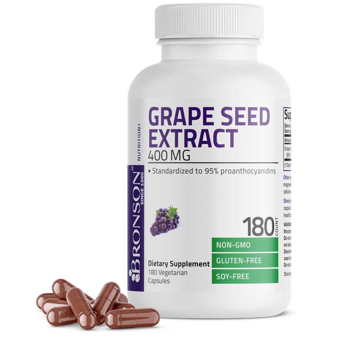 Bronson Traubenkernextrakt 400 mg - Antioxidantien & Immununterstützung - Standardisierter Extrakt mit 95 % Proanthocyanidinen - Nicht-GVO, 180 vegane Kapseln