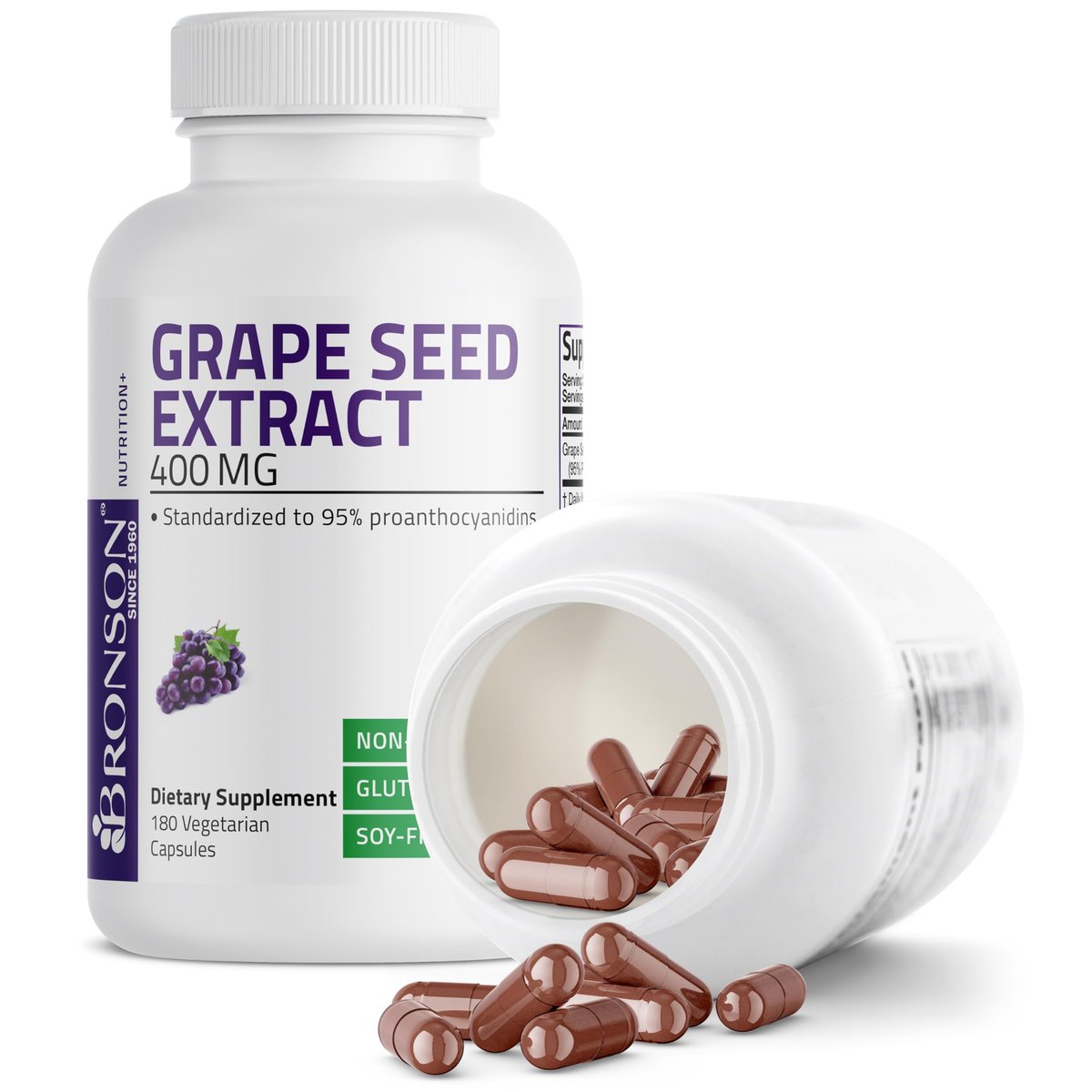 Bronson Traubenkernextrakt 400 mg - Antioxidantien & Immununterstützung - Standardisierter Extrakt mit 95 % Proanthocyanidinen - Nicht-GVO, 180 vegane Kapseln