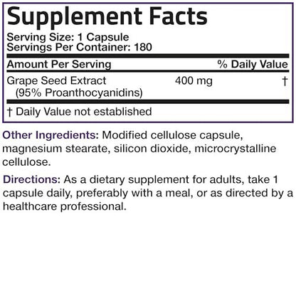 Bronson Traubenkernextrakt 400 mg - Antioxidantien & Immununterstützung - Standardisierter Extrakt mit 95 % Proanthocyanidinen - Nicht-GVO, 180 vegane Kapseln
