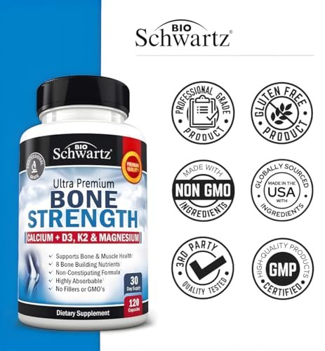 BioSchwartz Knochenstärkungs-Supplement – Sanfter, nicht verstopfender Knochenkomplex für Frauen & Männer mit 9-in-1 Formel aus Calcium, Magnesium, Zink, D3, K2 & mehr – Drittgeprüft – 1 Monat