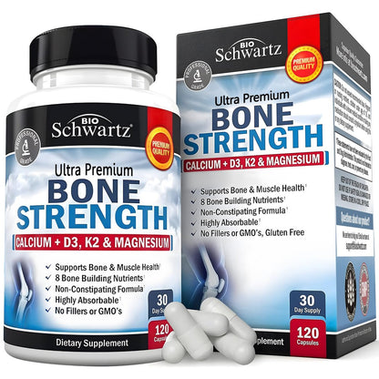 BioSchwartz Knochenstärkungs-Supplement – Sanfter, nicht verstopfender Knochenkomplex für Frauen & Männer mit 9-in-1 Formel aus Calcium, Magnesium, Zink, D3, K2 & mehr – Drittgeprüft – 1 Monat