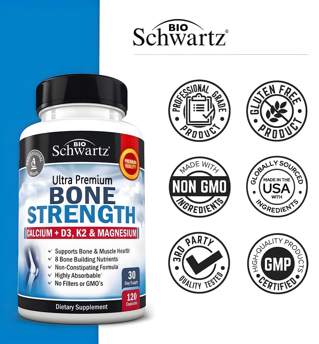 BioSchwartz Knochenstärkungs-Supplement – Sanfter, nicht verstopfender Knochenkomplex für Frauen & Männer mit 9-in-1 Formel aus Calcium, Magnesium, Zink, D3, K2 & mehr – Drittgeprüft – 1 Monat