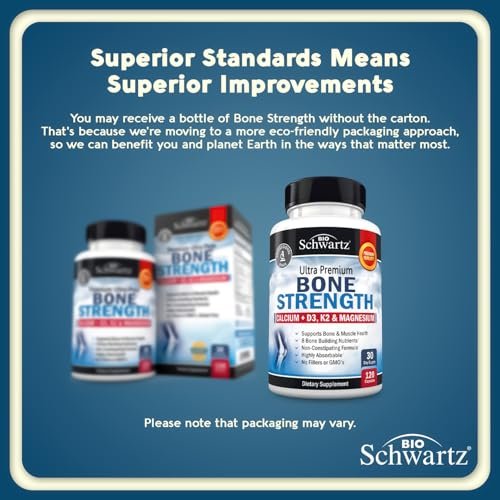 BioSchwartz Knochenstärkungs-Supplement – Sanfter, nicht verstopfender Knochenkomplex für Frauen & Männer mit 9-in-1 Formel aus Calcium, Magnesium, Zink, D3, K2 & mehr – Drittgeprüft – 1 Monat