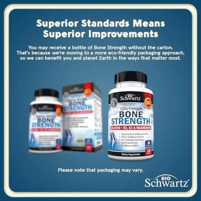 BioSchwartz Knochenstärkungs-Supplement – Sanfter, nicht verstopfender Knochenkomplex für Frauen & Männer mit 9-in-1 Formel aus Calcium, Magnesium, Zink, D3, K2 & mehr – Drittgeprüft – 1 Monat
