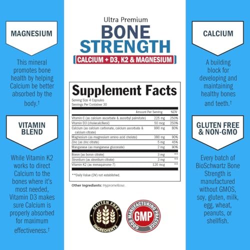 BioSchwartz Knochenstärkungs-Supplement – Sanfter, nicht verstopfender Knochenkomplex für Frauen & Männer mit 9-in-1 Formel aus Calcium, Magnesium, Zink, D3, K2 & mehr – Drittgeprüft – 1 Monat