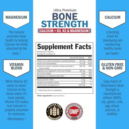 BioSchwartz Knochenstärkungs-Supplement – Sanfter, nicht verstopfender Knochenkomplex für Frauen & Männer mit 9-in-1 Formel aus Calcium, Magnesium, Zink, D3, K2 & mehr – Drittgeprüft – 1 Monat