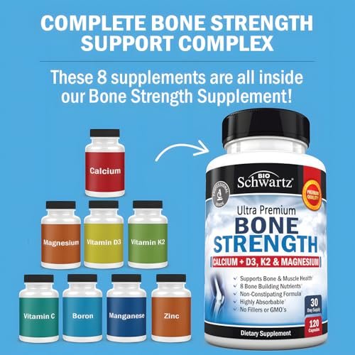 BioSchwartz Knochenstärkungs-Supplement – Sanfter, nicht verstopfender Knochenkomplex für Frauen & Männer mit 9-in-1 Formel aus Calcium, Magnesium, Zink, D3, K2 & mehr – Drittgeprüft – 1 Monat