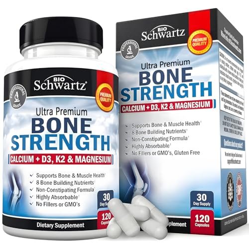 BioSchwartz Knochenstärkungs-Supplement – Sanfter, nicht verstopfender Knochenkomplex für Frauen & Männer mit 9-in-1 Formel aus Calcium, Magnesium, Zink, D3, K2 & mehr – Drittgeprüft – 1 Monat
