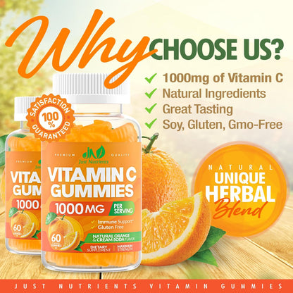 Vitamin C Gummis 1000mg – Kaubare Multivitamine für Erwachsene & Kinder mit Zink für Immun- & Kollagenunterstützung – Höchste Stärke, Natürlicher Orangen-Geschmack – Glutenfrei, Nicht-GVO, Vegetarisch – 60 Gummis