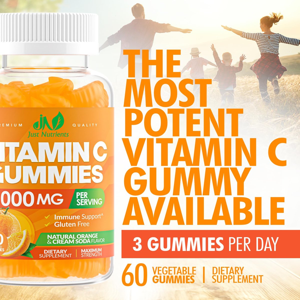 Vitamin C Gummis 1000mg – Kaubare Multivitamine für Erwachsene & Kinder mit Zink für Immun- & Kollagenunterstützung – Höchste Stärke, Natürlicher Orangen-Geschmack – Glutenfrei, Nicht-GVO, Vegetarisch – 60 Gummis