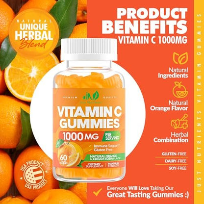 Vitamin C Gummis 1000mg – Kaubare Multivitamine für Erwachsene & Kinder mit Zink für Immun- & Kollagenunterstützung – Höchste Stärke, Natürlicher Orangen-Geschmack – Glutenfrei, Nicht-GVO, Vegetarisch – 60 Gummis