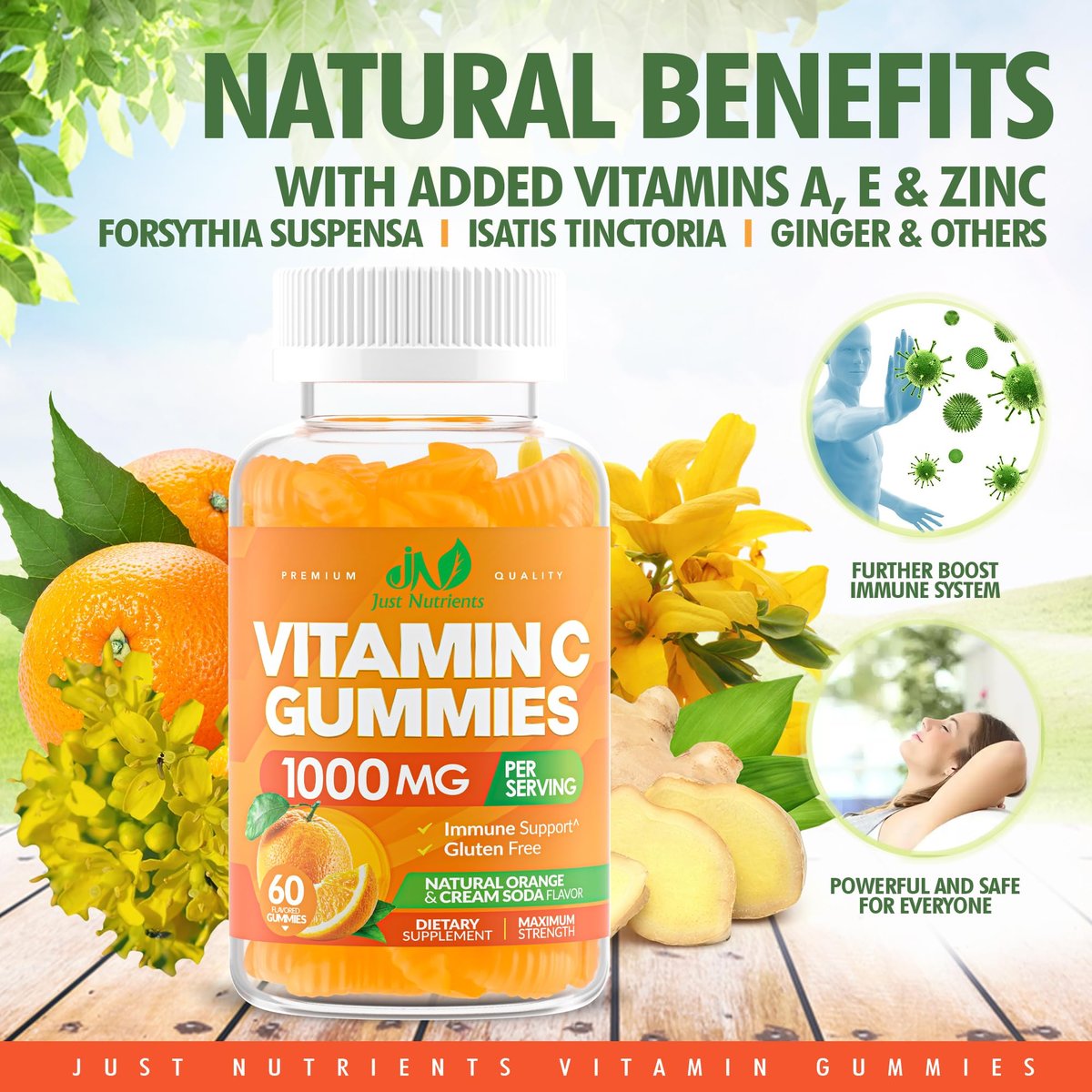 Vitamin C Gummis 1000mg – Kaubare Multivitamine für Erwachsene & Kinder mit Zink für Immun- & Kollagenunterstützung – Höchste Stärke, Natürlicher Orangen-Geschmack – Glutenfrei, Nicht-GVO, Vegetarisch – 60 Gummis