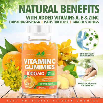 Vitamin C Gummis 1000mg – Kaubare Multivitamine für Erwachsene & Kinder mit Zink für Immun- & Kollagenunterstützung – Höchste Stärke, Natürlicher Orangen-Geschmack – Glutenfrei, Nicht-GVO, Vegetarisch – 60 Gummis