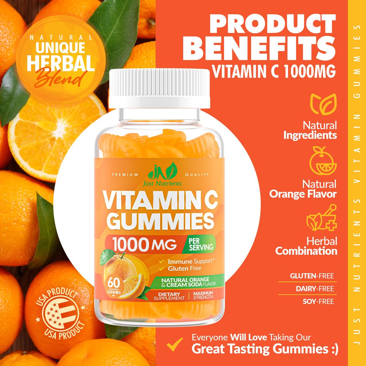 Vitamin C Gummis 1000mg – Kaubare Multivitamine für Erwachsene & Kinder mit Zink für Immun- & Kollagenunterstützung – Höchste Stärke, Natürlicher Orangen-Geschmack – Glutenfrei, Nicht-GVO, Vegetarisch – 60 Gummis