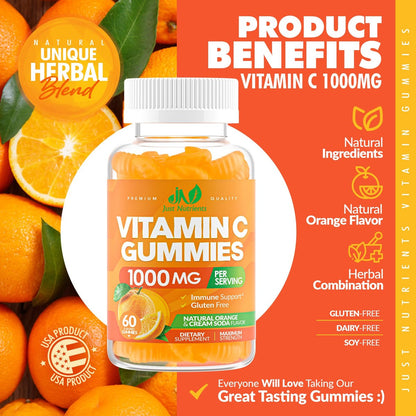 Vitamin C Gummis 1000mg – Kaubare Multivitamine für Erwachsene & Kinder mit Zink für Immun- & Kollagenunterstützung – Höchste Stärke, Natürlicher Orangen-Geschmack – Glutenfrei, Nicht-GVO, Vegetarisch – 60 Gummis