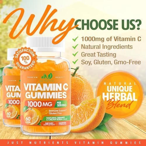 Vitamin C Gummis 1000mg – Kaubare Multivitamine für Erwachsene & Kinder mit Zink für Immun- & Kollagenunterstützung – Höchste Stärke, Natürlicher Orangen-Geschmack – Glutenfrei, Nicht-GVO, Vegetarisch – 60 Gummis