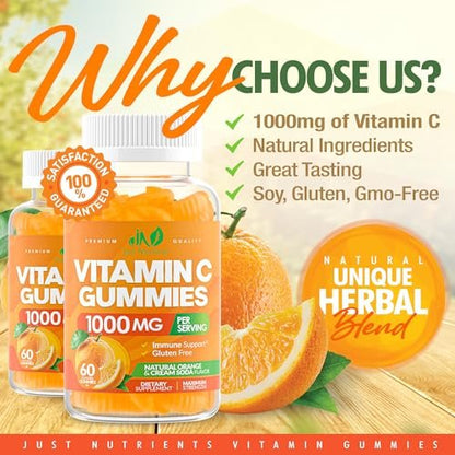 Vitamin C Gummis 1000mg – Kaubare Multivitamine für Erwachsene & Kinder mit Zink für Immun- & Kollagenunterstützung – Höchste Stärke, Natürlicher Orangen-Geschmack – Glutenfrei, Nicht-GVO, Vegetarisch – 60 Gummis