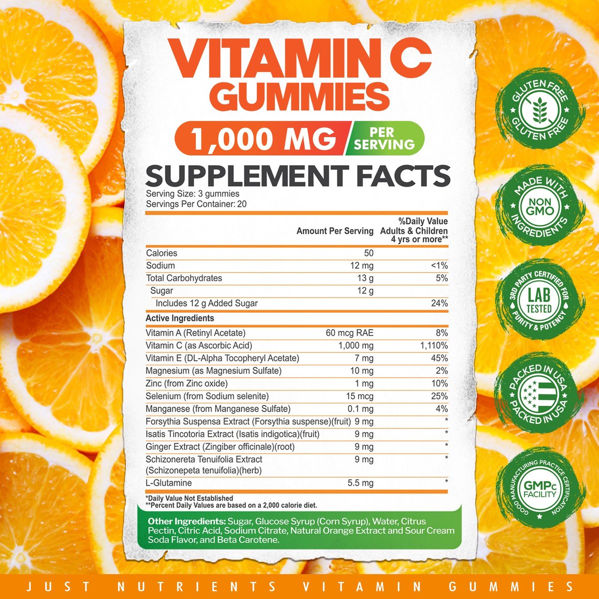 Vitamin C Gummis 1000mg – Kaubare Multivitamine für Erwachsene & Kinder mit Zink für Immun- & Kollagenunterstützung – Höchste Stärke, Natürlicher Orangen-Geschmack – Glutenfrei, Nicht-GVO, Vegetarisch – 60 Gummis
