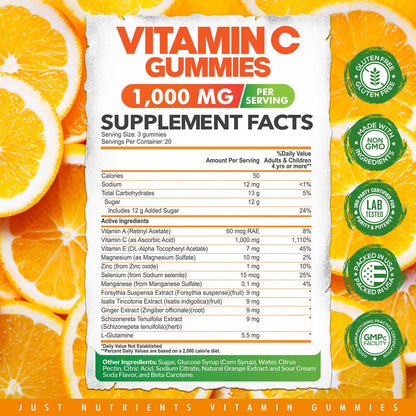 Vitamin C Gummis 1000mg – Kaubare Multivitamine für Erwachsene & Kinder mit Zink für Immun- & Kollagenunterstützung – Höchste Stärke, Natürlicher Orangen-Geschmack – Glutenfrei, Nicht-GVO, Vegetarisch – 60 Gummis