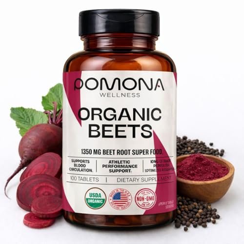 Pomona Wellness Rote-Bete-Präparat 1350 mg – Unterstützt Blutdruck, Herzgesundheit, Kreislauf, Energie & sportliche Leistung – USDA Bio, Nicht-GVO, Vegan, 100 Tabletten