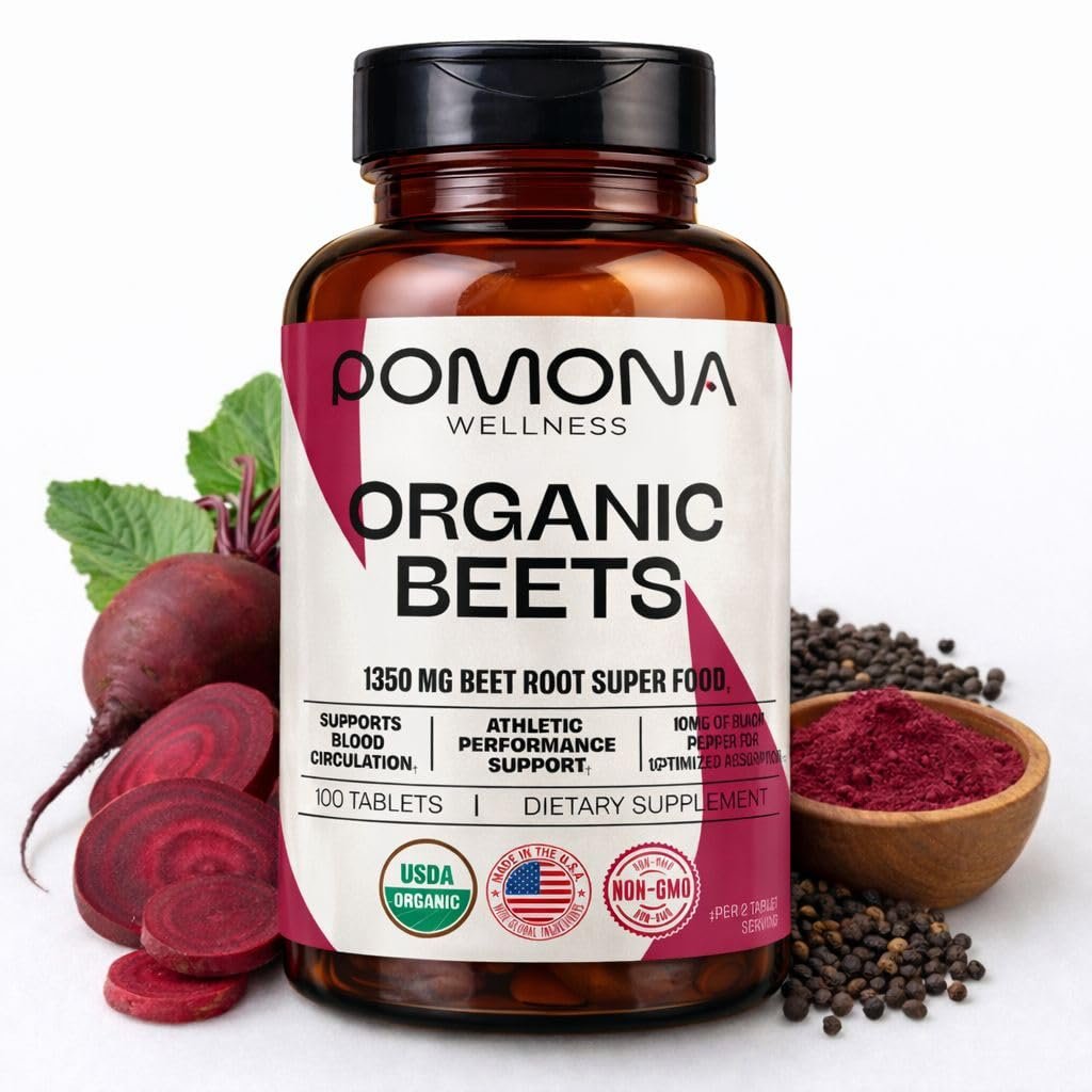 Pomona Wellness Rote-Bete-Präparat 1350 mg – Unterstützt Blutdruck, Herzgesundheit, Kreislauf, Energie & sportliche Leistung – USDA Bio, Nicht-GVO, Vegan, 100 Tabletten