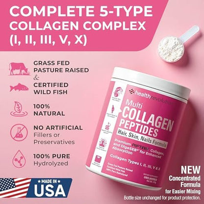 Multi-Kollagen-Peptide-Pulver – Typen I, II, III, V, X, hydrolysiertes Kollagen für Frauen, 99% Absorption, Haut, Haare, Nägel, Gelenke, dreifach raffiniert – kein Klumpen, nicht gentechnisch verändert, glutenfrei, grasgefüttert, ungesüßt