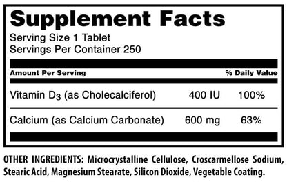Amazing Formulas Calcium 600 mg mit Vitamin D3 400 IE Tabletten – Nahrungsergänzungsmittel – Non-GMO – Glutenfrei – Hergestellt in den USA – 250 Tabletten